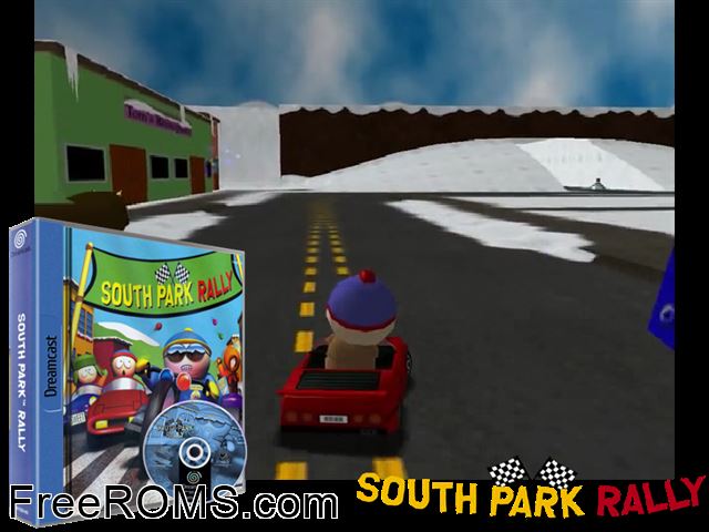 South Park Rally v1.001 (M4) Sega Dreamcast game showing 3D box cover and gameplay screenshot