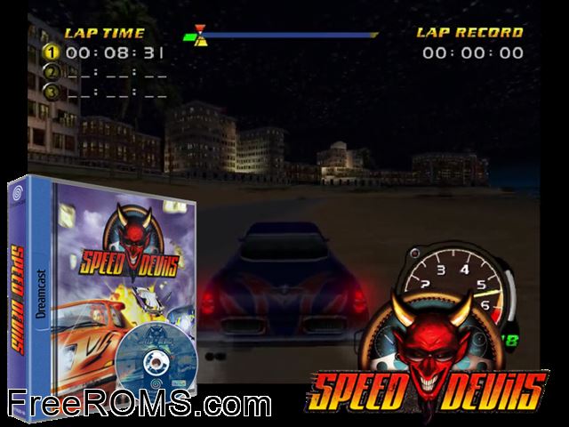 Speed Devils v1.004 (M5) Sega Dreamcast game showing 3D box cover and gameplay screenshot