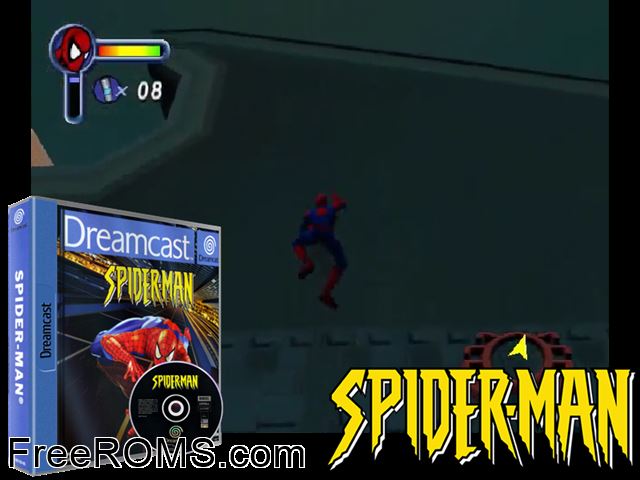 Spider-Man v1.000 Sega Dreamcast game showing 3D box cover and gameplay screenshot