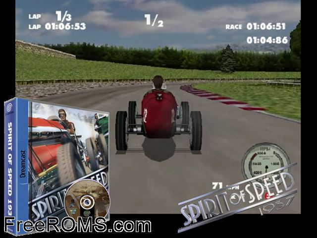 Spirit of Speed 1937 v1.002 (M4) Sega Dreamcast game showing 3D box cover and gameplay screenshot