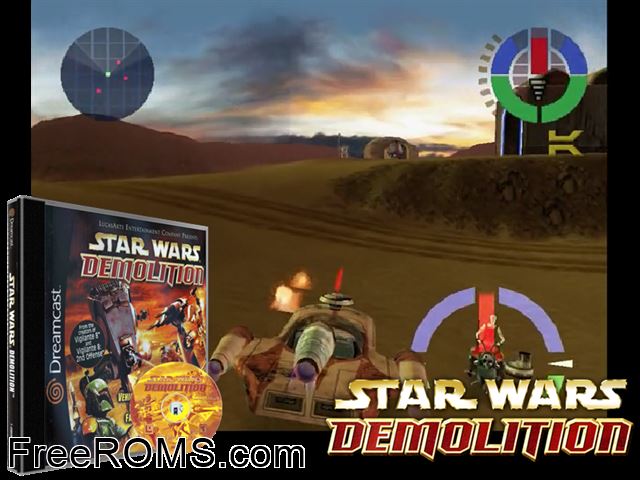Star Wars - Demolition v1.001 Sega Dreamcast game showing 3D box cover and gameplay screenshot