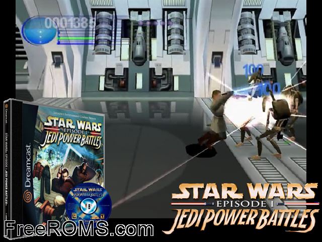 Star Wars - Episode I - Jedi Power Battles v1.004 Sega Dreamcast game showing 3D box cover and gameplay screenshot