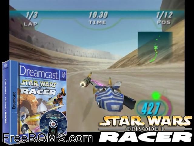 Star Wars - Episode I - Racer v1.005 Sega Dreamcast game showing 3D box cover and gameplay screenshot
