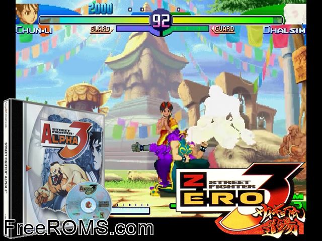 Street Fighter Alpha 3 v1.001 Sega Dreamcast game showing 3D box cover and gameplay screenshot