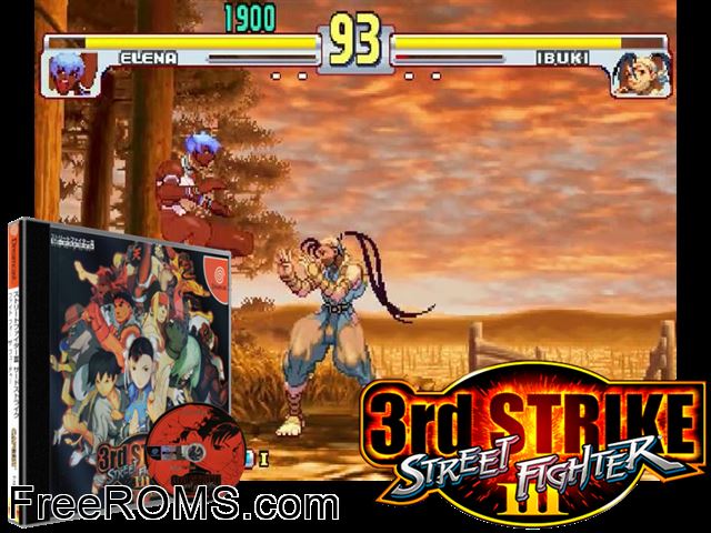 Street Fighter III 3rd Strike - Fight for the Future v1.003 (JP) Sega Dreamcast game showing 3D box cover and gameplay screenshot