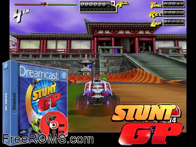 Stunt GP v1.001 (M7) Sega Dreamcast game showing 3D box cover and gameplay screenshot