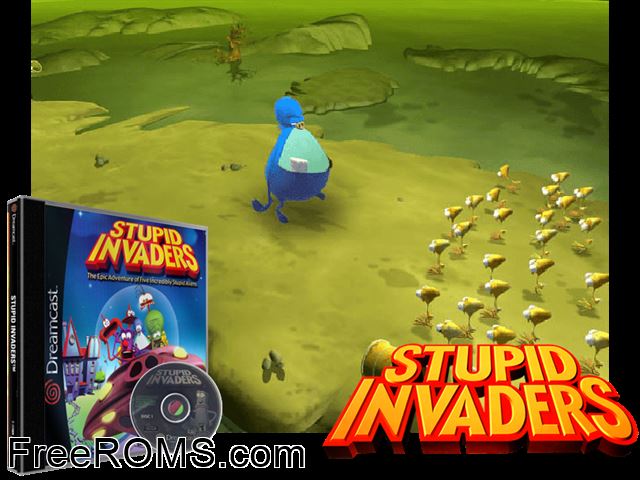 Stupid Invaders v1.001 (Disc 2 of 2) Sega Dreamcast game showing 3D box cover and gameplay screenshot
