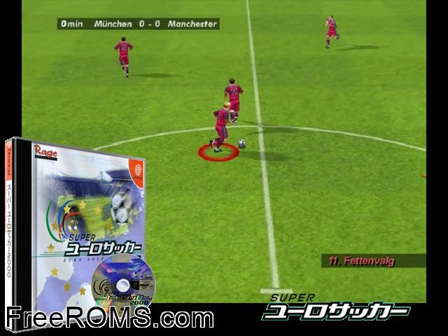 Super Euro Soccer 2000 v1.002 (JP) Sega Dreamcast game showing 3D box cover and gameplay screenshot