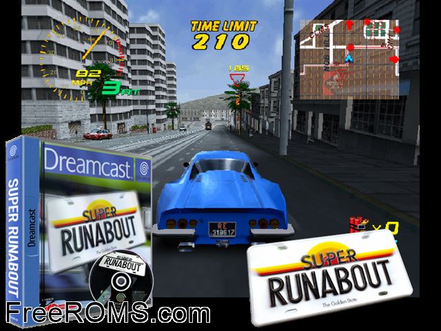 Super Runabout v1.002 Sega Dreamcast game showing 3D box cover and gameplay screenshot