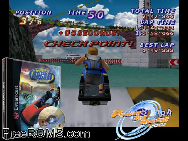 Surf Rocket Racers v1.000 Sega Dreamcast game showing 3D box cover and gameplay screenshot