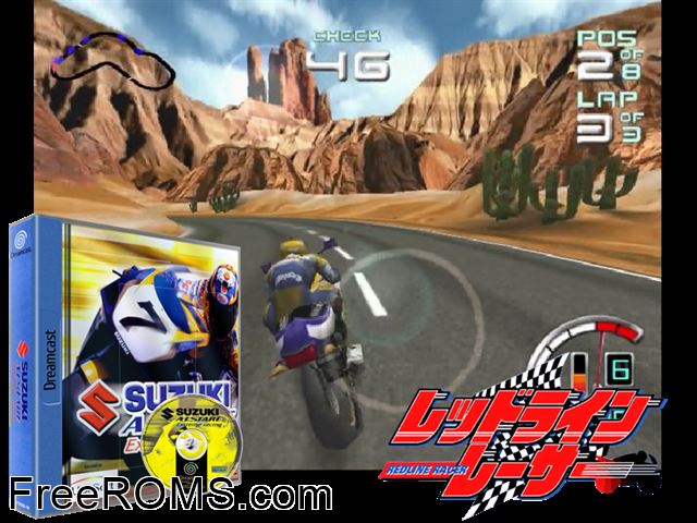 Suzuki ALSTARE Extreme Racing v1.000 (M5) Sega Dreamcast game showing 3D box cover and gameplay screenshot