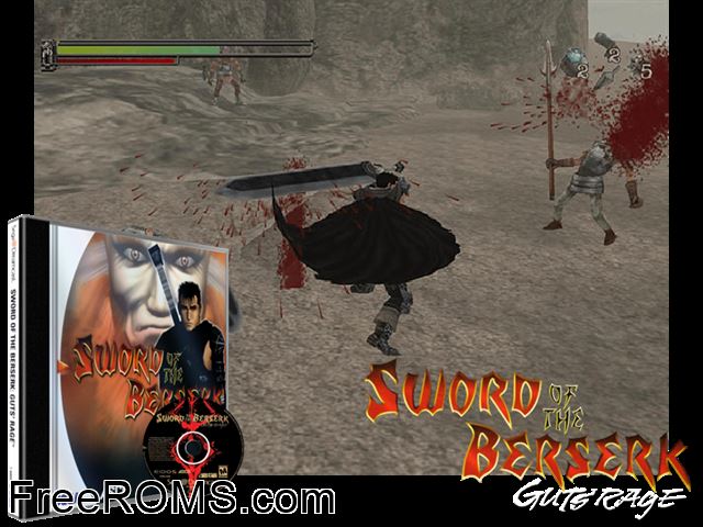 Sword of the Berserk - Guts Rage v1.002 Sega Dreamcast game showing 3D box cover and gameplay screenshot