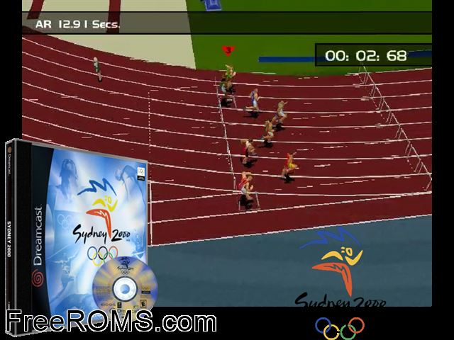 Sydney 2000 v1.000 Sega Dreamcast game showing 3D box cover and gameplay screenshot