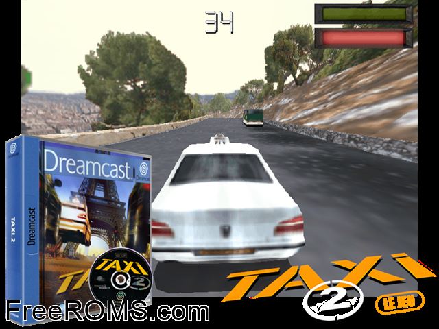 Taxi 2 - Le Jeu v1.000 (FR) Sega Dreamcast game showing 3D box cover and gameplay screenshot