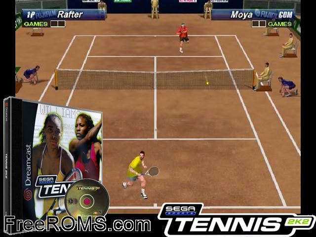 Tennis 2K2 v1.003 Sega Dreamcast game showing 3D box cover and gameplay screenshot