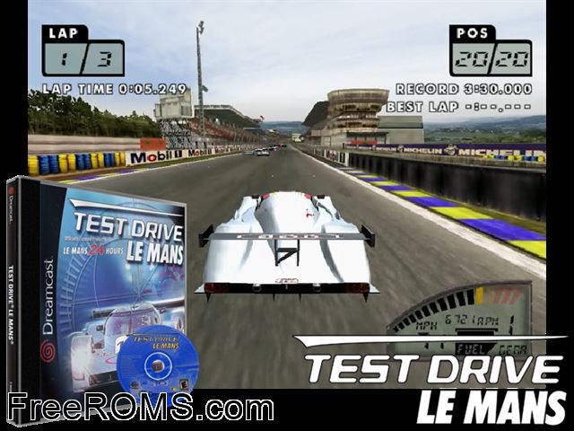 Test Drive Le Mans v1.000 (M3) Sega Dreamcast game showing 3D box cover and gameplay screenshot