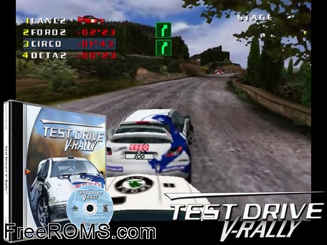 Test Drive V-Rally v1.001 (M3) Sega Dreamcast game showing 3D box cover and gameplay screenshot