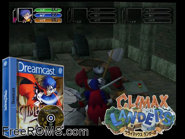 TimeStalkers v1.003 (M4) Sega Dreamcast game showing 3D box cover and gameplay screenshot