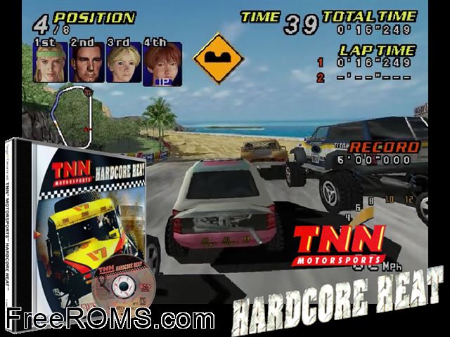 TNN Motorsports Hardcore Heat v1.001 Sega Dreamcast game showing 3D box cover and gameplay screenshot