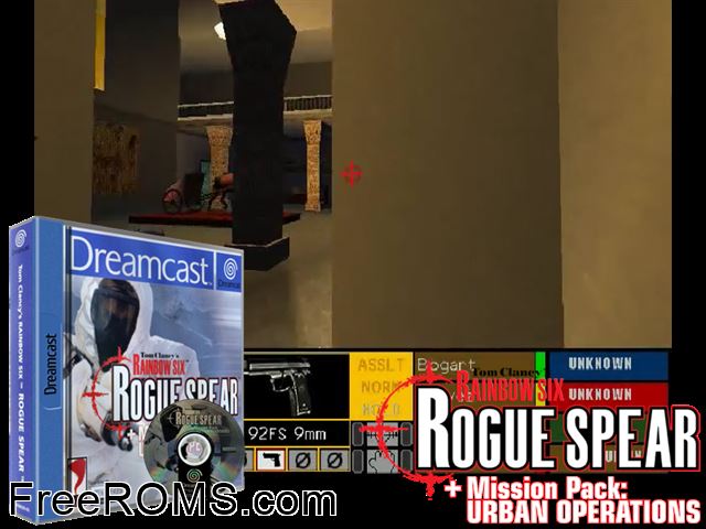 Tom Clancys Rainbow Six - Rogue Spear + Mission Pack - Urban Operations v1.001 Sega Dreamcast game showing 3D box cover and gameplay screenshot