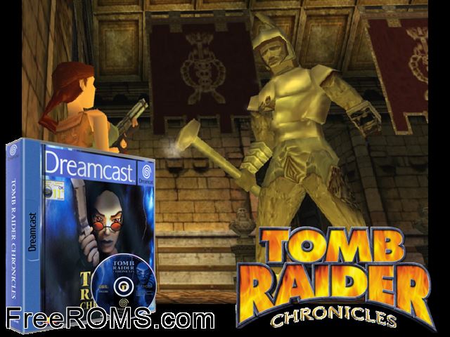Tomb Raider Chronicles v1.002 Sega Dreamcast game showing 3D box cover and gameplay screenshot