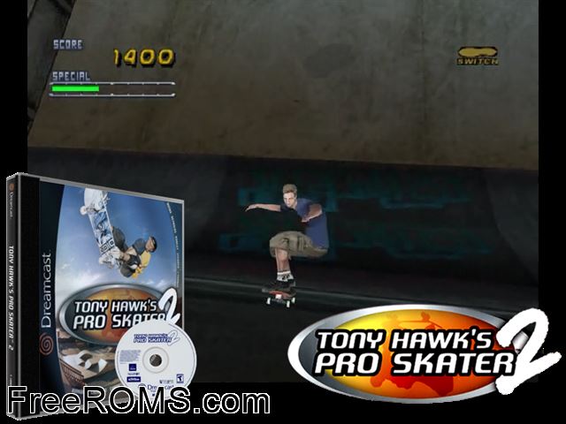 Tony Hawks Pro Skater 2 v1.001 Sega Dreamcast game showing 3D box cover and gameplay screenshot