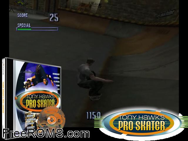 Tony Hawks Pro Skater v1.000 Sega Dreamcast game showing 3D box cover and gameplay screenshot