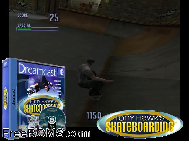Tony Hawks Skateboarding v1.001 Sega Dreamcast game showing 3D box cover and gameplay screenshot