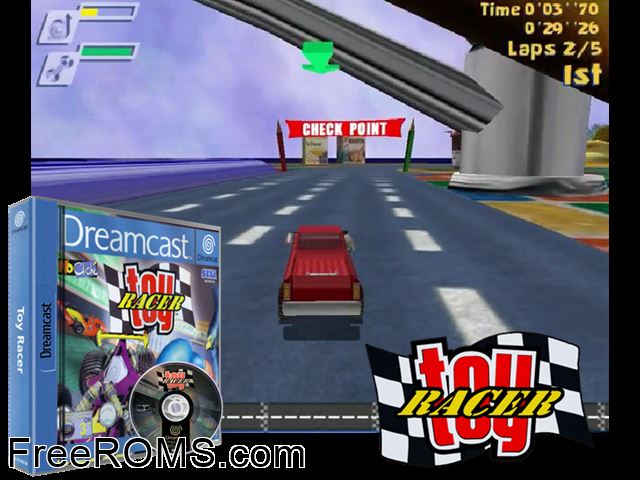 Toy Racer v1.050 (M4) Sega Dreamcast game showing 3D box cover and gameplay screenshot