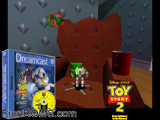 Toy Story 2 - Buzz Lightyear to the Rescue! v1.005 Sega Dreamcast game showing 3D box cover and gameplay screenshot