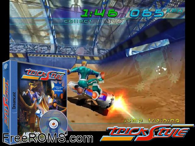 TrickStyle v1.010 (M5) Sega Dreamcast game showing 3D box cover and gameplay screenshot