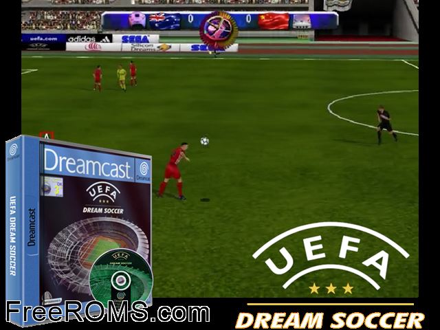 UEFA Dream Soccer v1.003 (M4) Sega Dreamcast game showing 3D box cover and gameplay screenshot