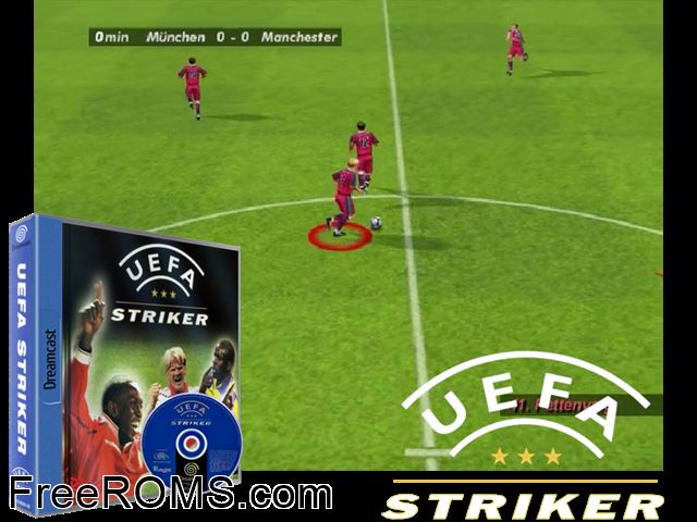 UEFA Striker v1.000 (M6) Sega Dreamcast game showing 3D box cover and gameplay screenshot