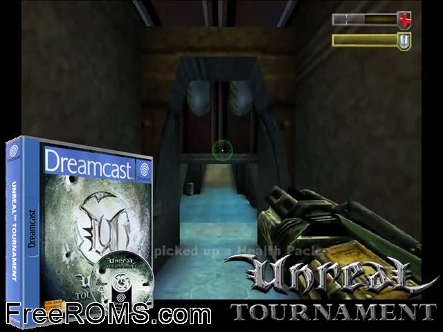 Unreal Tournament v1.004 Sega Dreamcast game showing 3D box cover and gameplay screenshot