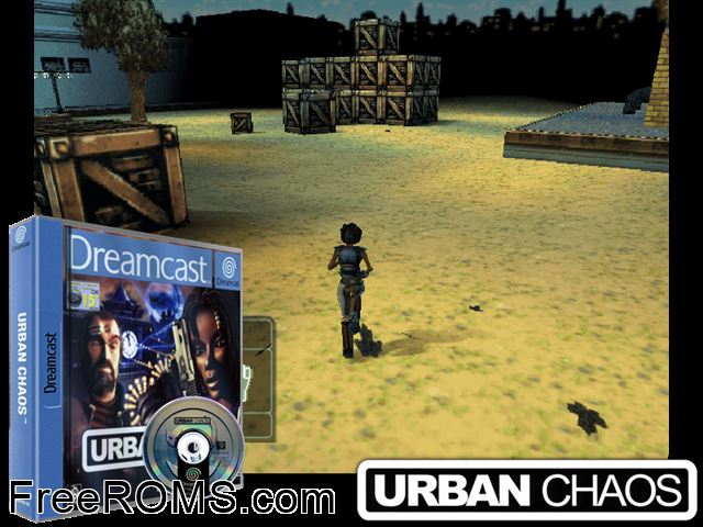 Urban Chaos v1.001 (en-fr) Sega Dreamcast game showing 3D box cover and gameplay screenshot