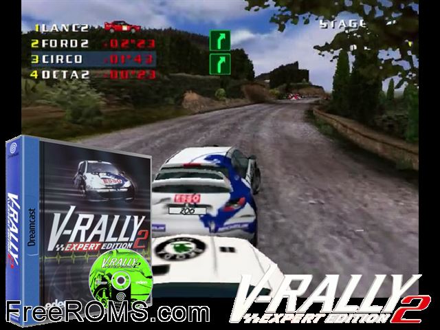 V-Rally 2 - Expert Edition v0.002 (M3) Sega Dreamcast game showing 3D box cover and gameplay screenshot