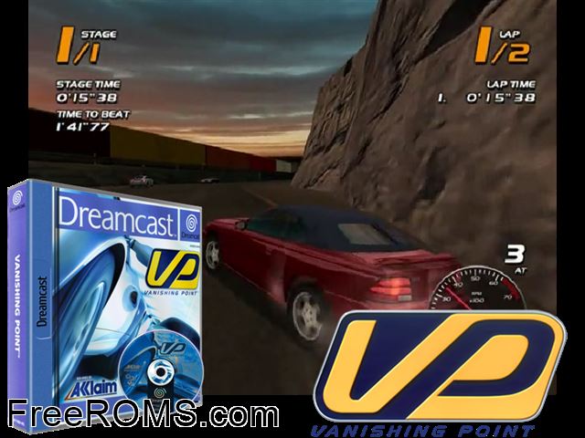 Vanishing Point v1.002 (M5) Sega Dreamcast game showing 3D box cover and gameplay screenshot