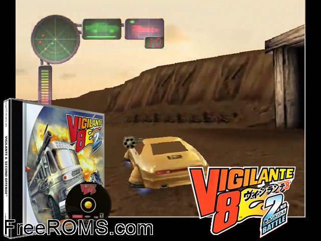 Vigilante 8 - 2nd Offense v1.000 Sega Dreamcast game showing 3D box cover and gameplay screenshot
