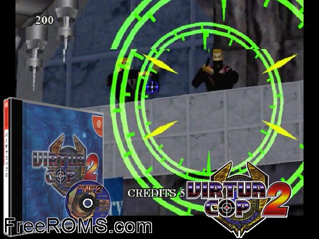 Virtua Cop 2 v1.011 (JP) Sega Dreamcast game showing 3D box cover and gameplay screenshot