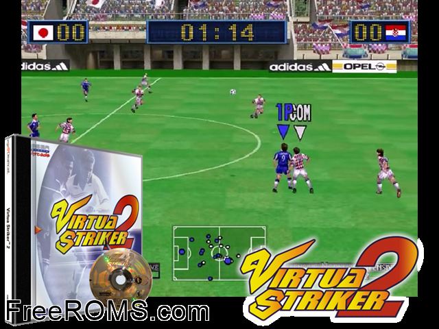 Virtua Striker 2 v1.002 (M5) Sega Dreamcast game showing 3D box cover and gameplay screenshot