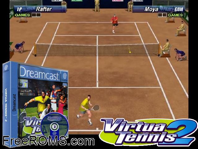 Virtua Tennis 2 v1.009 (M5) Sega Dreamcast game showing 3D box cover and gameplay screenshot