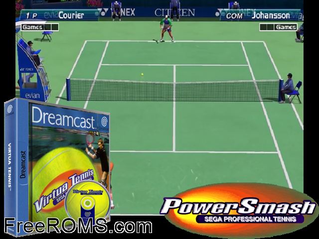 Virtua Tennis v1.001 (M4) Sega Dreamcast game showing 3D box cover and gameplay screenshot