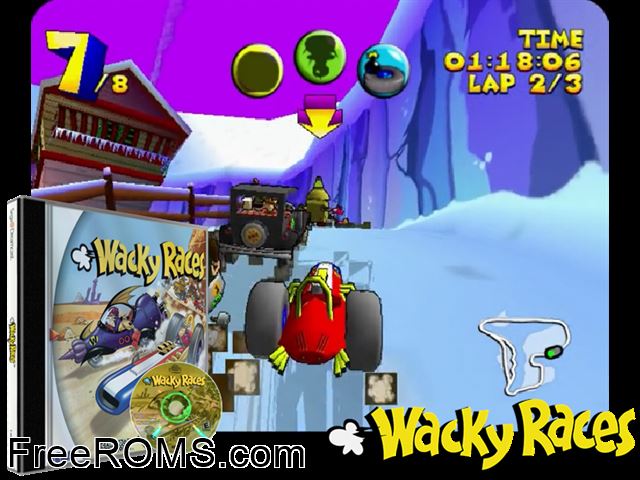 Wacky Races v1.000 (M6) Sega Dreamcast game showing 3D box cover and gameplay screenshot