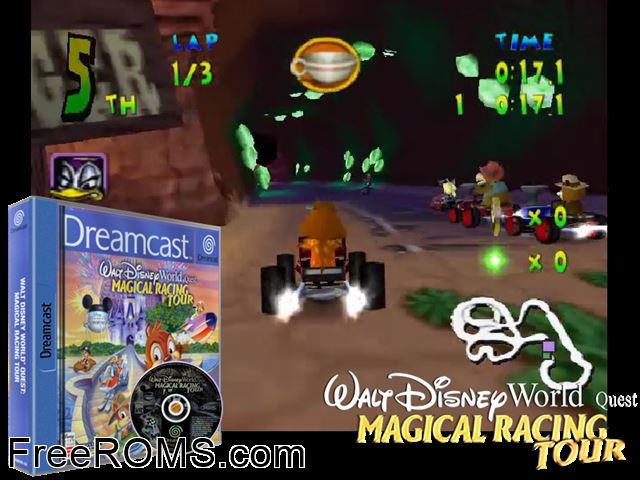 Walt Disney World Quest - Magical Racing Tour v1.000 (M5) Sega Dreamcast game showing 3D box cover and gameplay screenshot