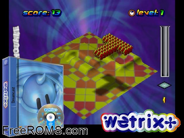 Wetrix+ v1.000 (M3) Sega Dreamcast game showing 3D box cover and gameplay screenshot