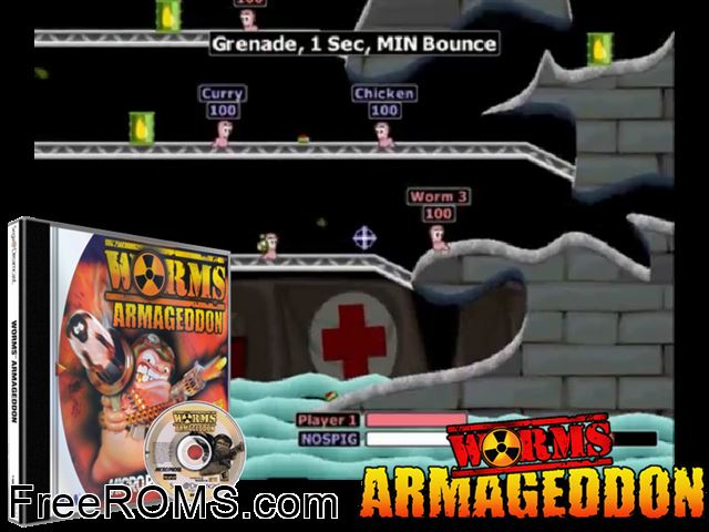 Worms Armageddon v1.001 (M8) Sega Dreamcast game showing 3D box cover and gameplay screenshot