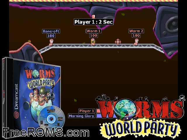 Worms World Party v1.002 (M9) Sega Dreamcast game showing 3D box cover and gameplay screenshot