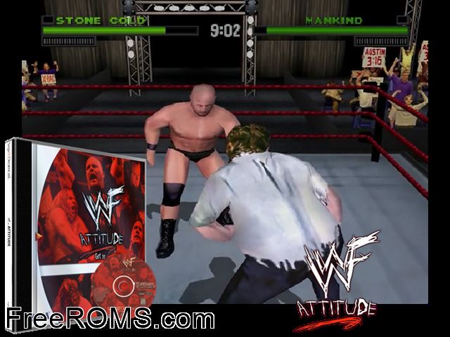 WWF Attitude v1.010 Sega Dreamcast game showing 3D box cover and gameplay screenshot