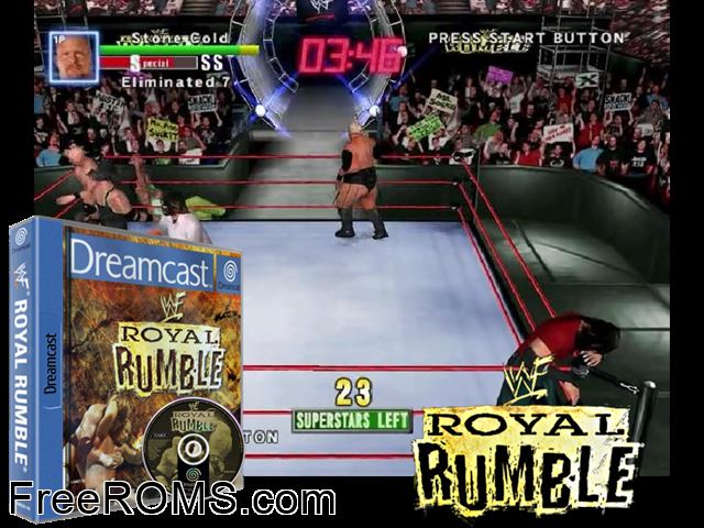 WWF Royal Rumble v1.000 Sega Dreamcast game showing 3D box cover and gameplay screenshot