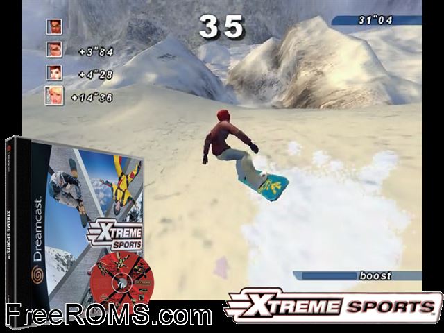 Xtreme Sports v1.000 Sega Dreamcast game showing 3D box cover and gameplay screenshot